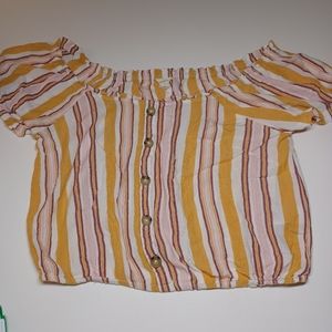 Aeropostale small White. Gold & Maroon Stripe short sleeve button down crop top